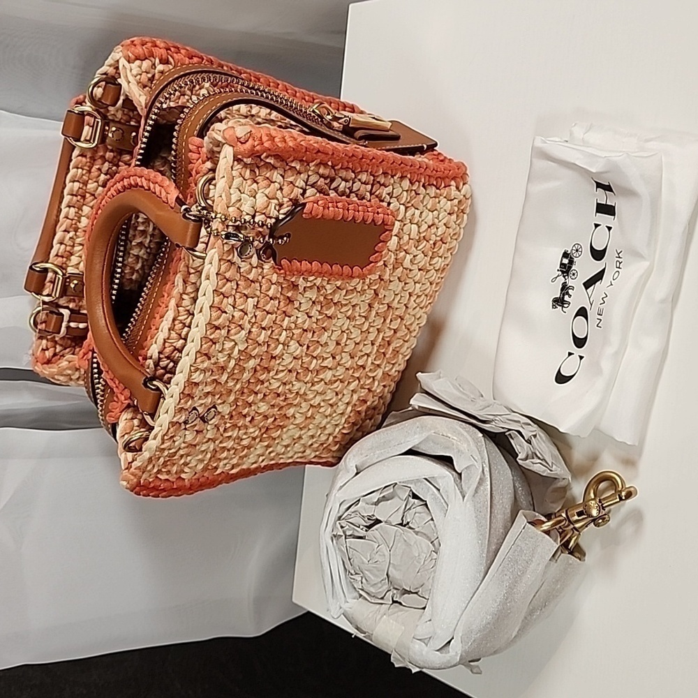 Coach Orange and Cream Woven Straw Tote - Picture 10 of 16